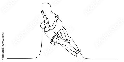Photos Continuous single line drawing of a person rock climbing on a steep mountain wal