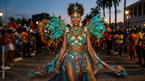A vibrant Caribbean carnival parade in a city square, featuring colorful costumes and dancers.