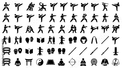 Martial Arts Icons: Karate, Judo, Taekwondo, and Combat Sports Vector Set