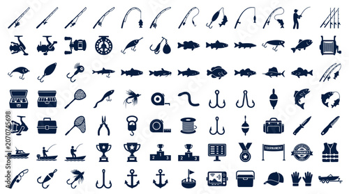 Bild auf Leinwand Collection of fishing gear icons in dark blue