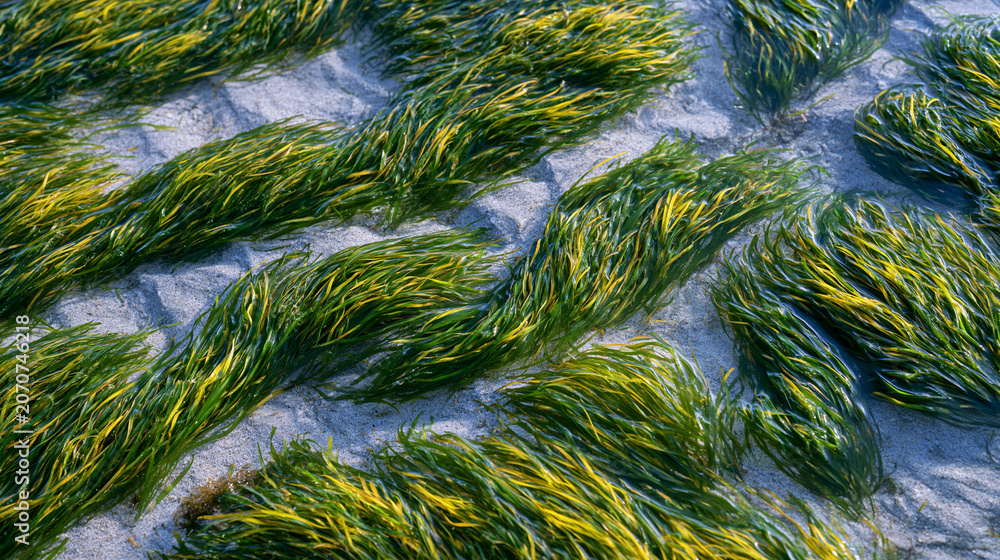 Obraz premium Seagrass posidonia meadow photographed from aerial perspective above shallow lagoon, ribbon blade canopy creating flowing meadow texture across sandy seafloor, golden hour warm sidelighting skimming