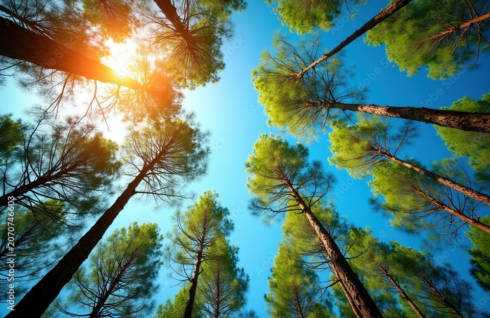 Fototapeta premium Tall pine trees reach towards a bright blue sky with sun shining through branches. Green foliage against clear sky. Upward view of forest canopy.