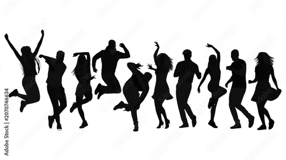 Obraz premium Group of people dancing and jumping together in celebration isolated on transparent background, Vector