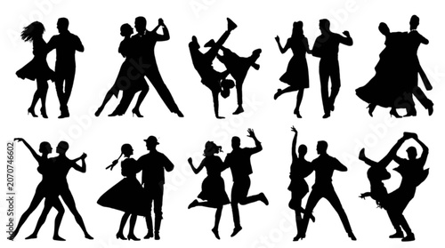 Canvastavla Silhouette people dancing in pairs and groups isolated on transparent background