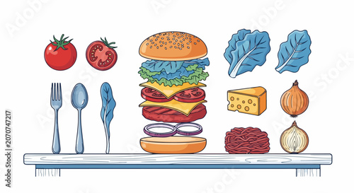 Hamburger ingredients on a table.