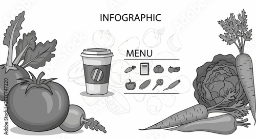 Vegetables and coffee cup illustration.