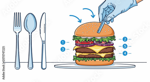 Hand assembling large cheeseburger sandwich.