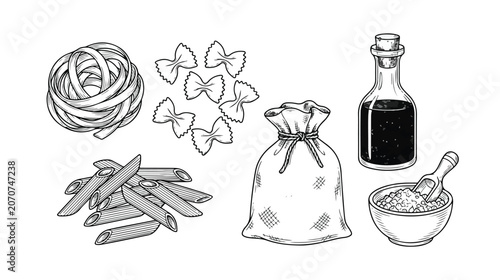 Bild auf Leinwand Italian Pasta and Cooking Ingredients Black and White Engraving Set