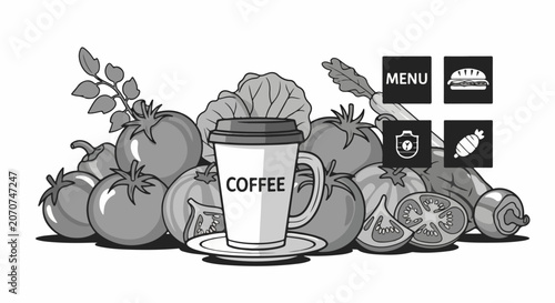 Coffee Cup with Fresh Fruit Assortment.
