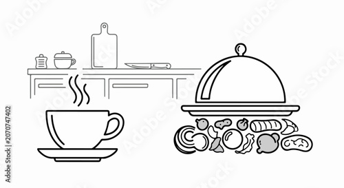 Steaming cup of coffee and food.