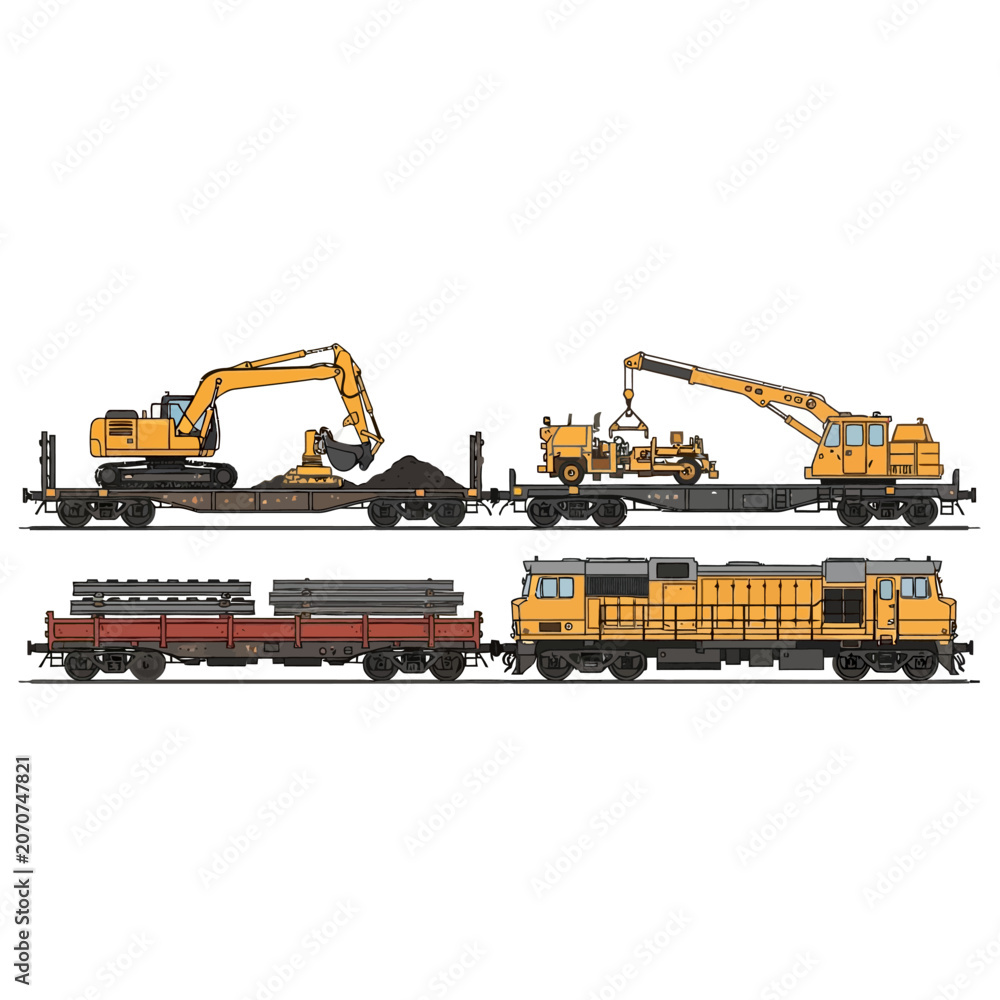 Obraz premium Industrial rail transport: construction machinery on flatbed cars, train
