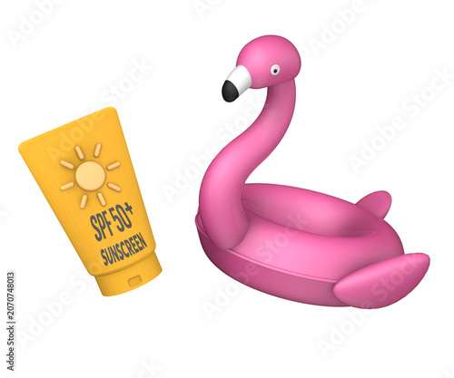 Summer vacation set with sunscreen tube and pink inflatable flamingo isolated on transparent background. 3D render.