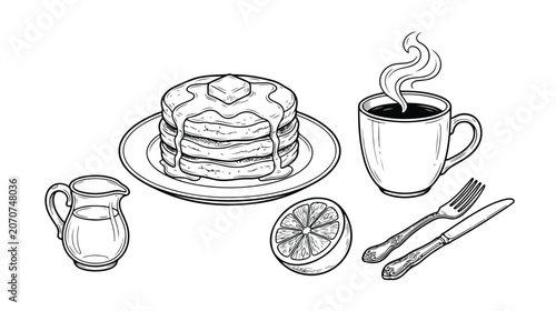 Quadro su tela Breakfast Pancakes, Coffee, and Lemon Slice Hand Drawn Vector Illustration