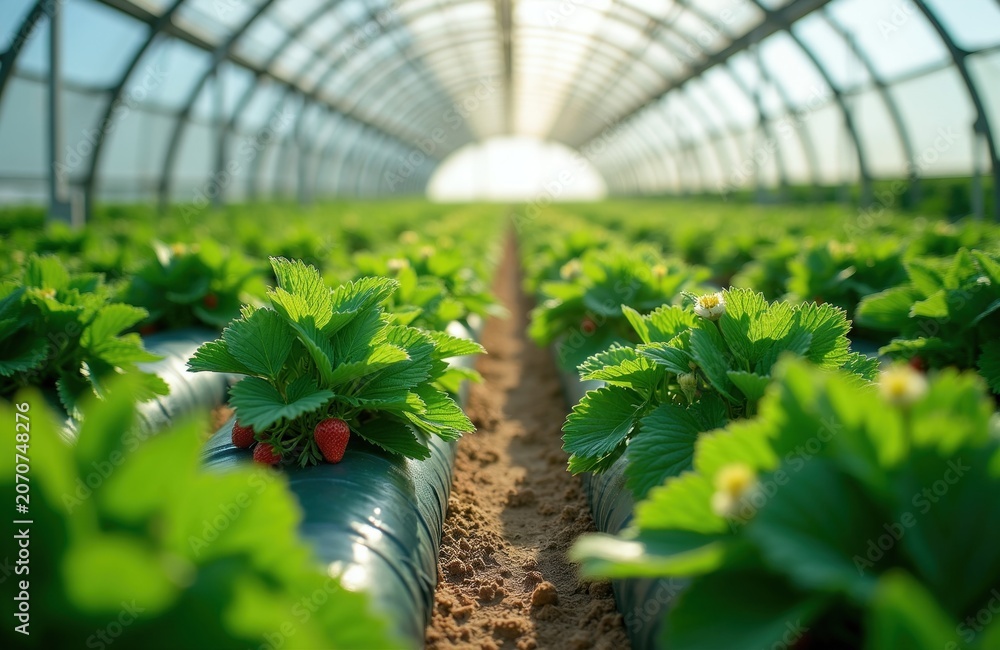 Fototapeta premium Rows of green strawberry plants grow inside a modern greenhouse. Ripe red strawberries are visible among green leaves. Sunlight streams through the tunnel structure onto the plants.
