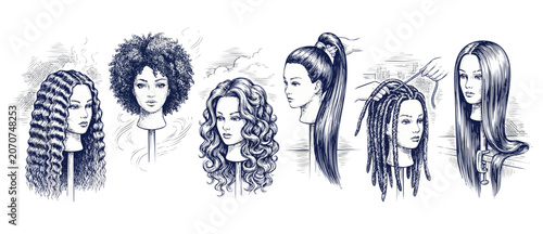 Foto Hair styling mannequin head set displaying diverse female hairstyles including curly, afro, dreadlocks, ponytail, and straight hair for cosmetology education, vintage engraving sketch concept