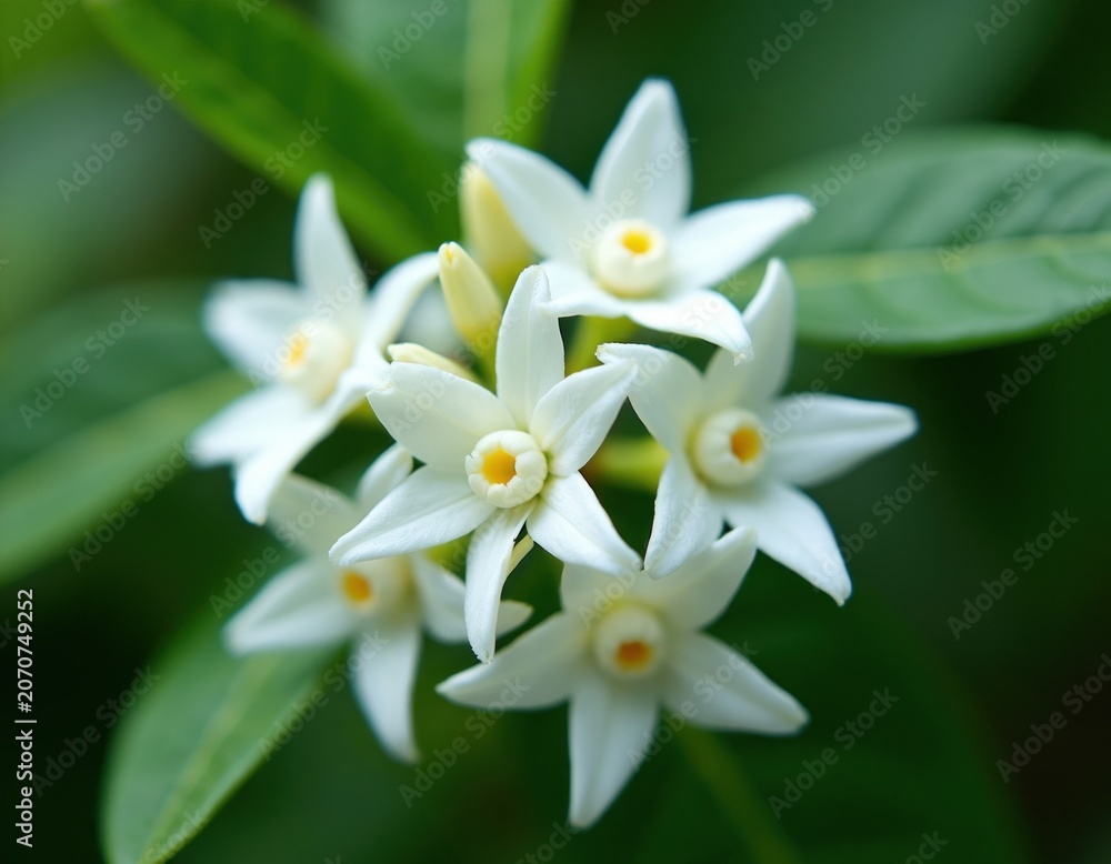 Fototapeta premium White star jasmine flowers bloom in a garden setting. Close-up macro shot reveals delicate petals and yellow centers. Green leaves provide a blurred backdrop. Natural beauty in springtime.