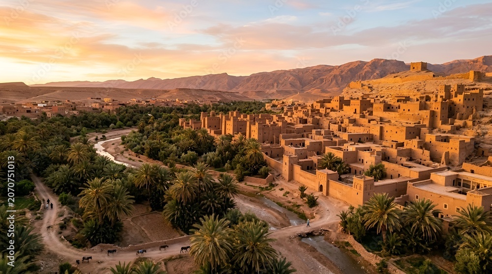 Obraz premium Moroccan ancient village kasbah at sunset, lush oasis and dry mountains