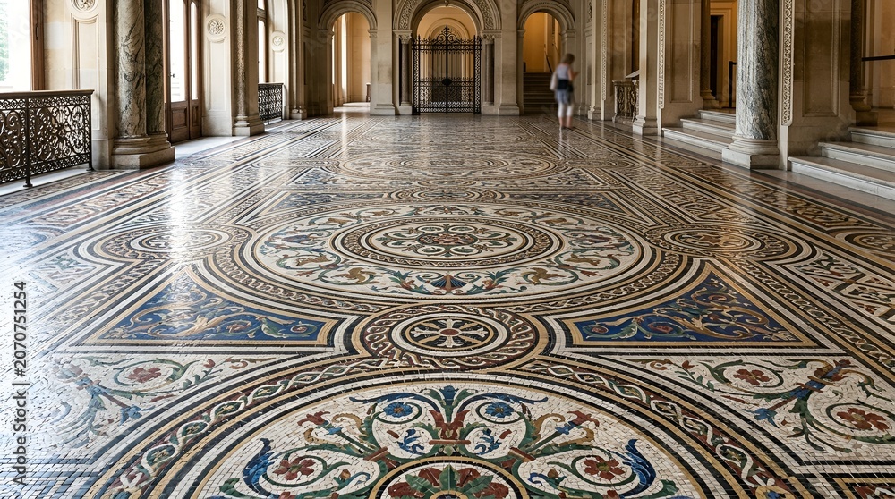 Obraz premium Intricate Mosaic Floor with Geometric Patterns in Grand Hall
