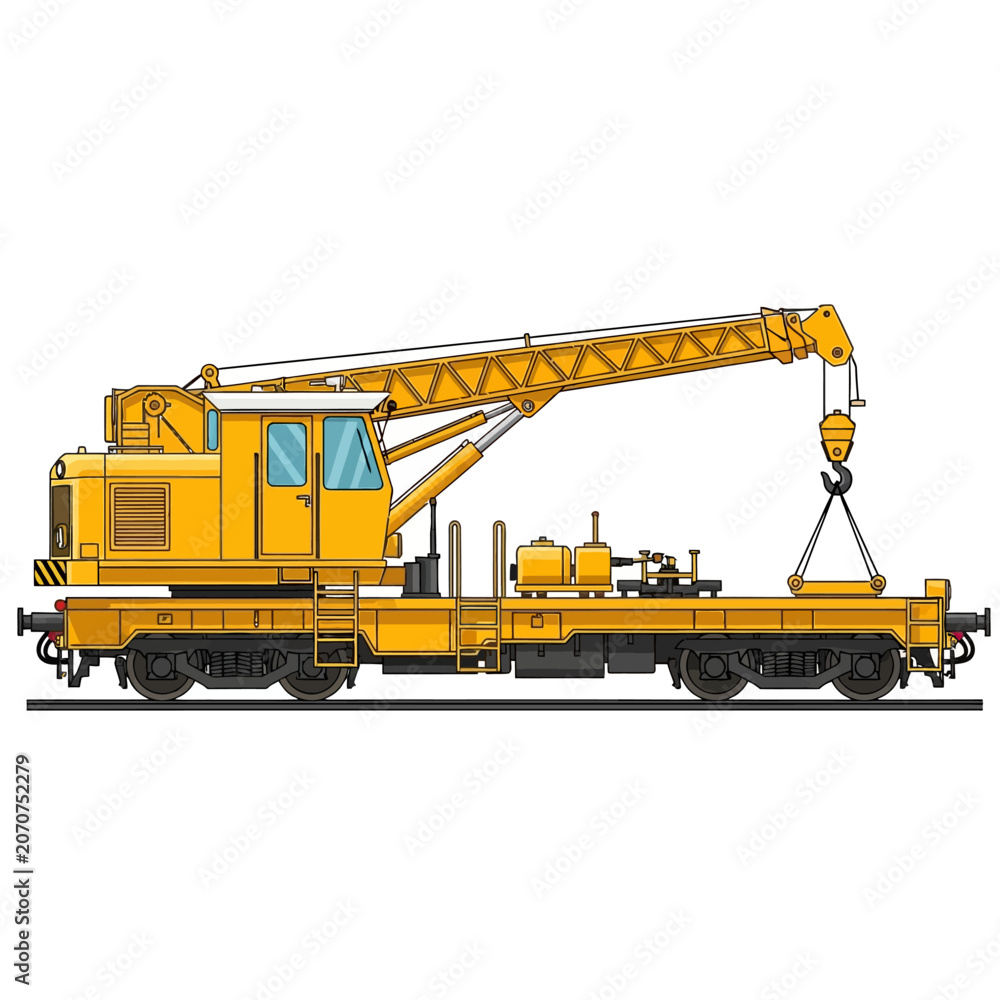 Obraz premium Yellow railway crane on tracks, heavy machinery illustration isolated