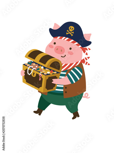 Pirate Pig Holding a Treasure Chest