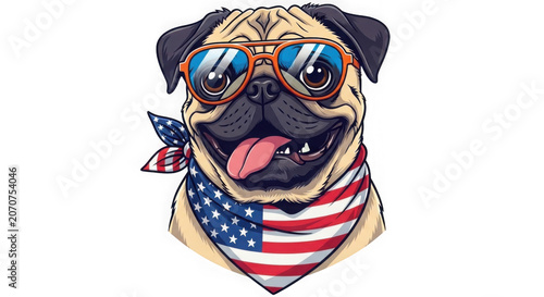 Playful Pug Wearing Sunglasses and American Bandana