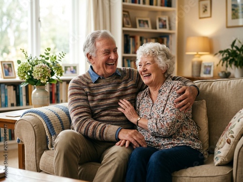 happy elderly couple laughing sofa bright living room retirement companionship
