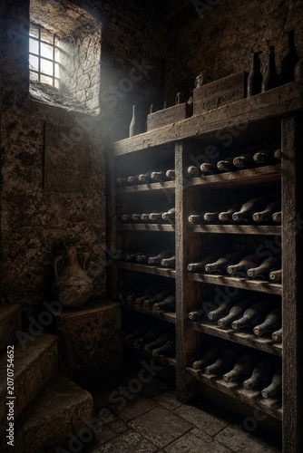 An ancient wine cellar corner with light illuminating rows of dark, dusty bottles in wooden racks.