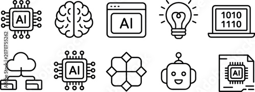 Artificial intelligence and machine learning line icon set featuring human brain microchip cloud computing data and robot head