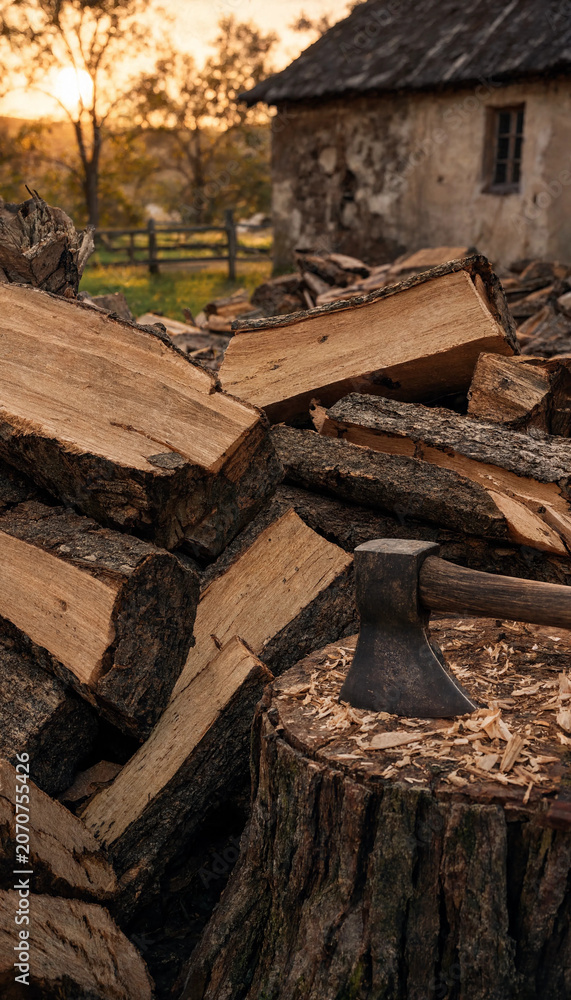 Fototapeta premium Chopping Wood at Sunset