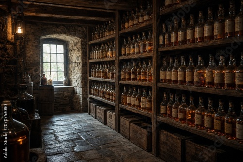 A dim stone cellar with wooden shelves holding rows of amber-filled glass bottles.