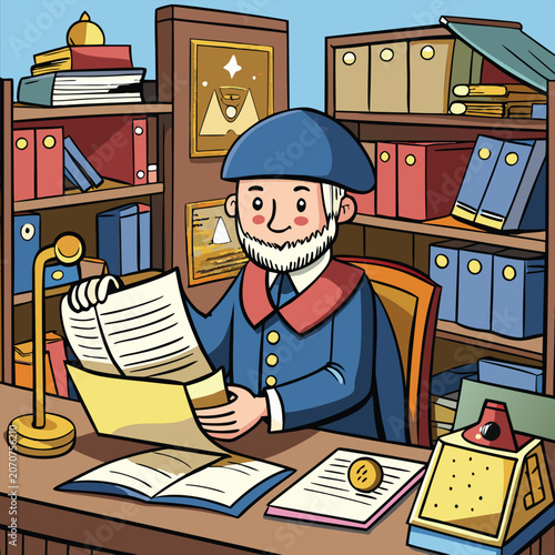 A mature male clerk in 18th century attire examines documents in a library setting