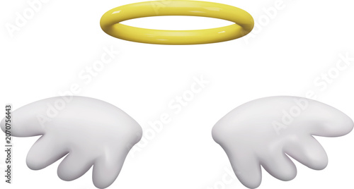 Obraz na plátně Angel wings with golden halo ring 3D cartoon plastic style vector icon, angelic