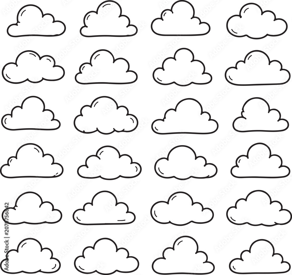 Obraz premium Collection of various hand drawn cloud shapes in a simple doodle sketch style