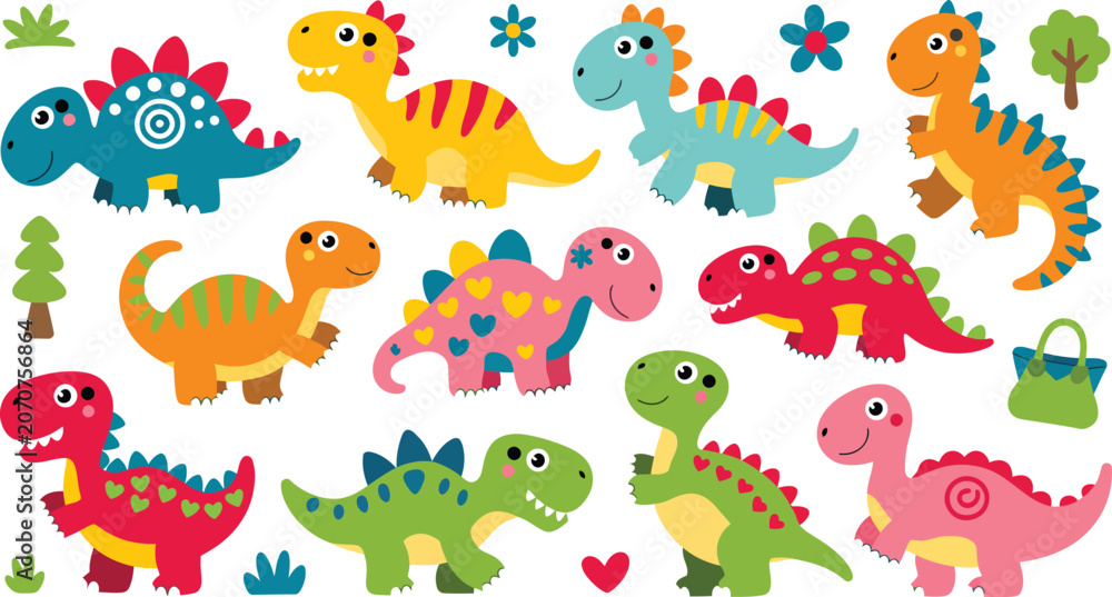 Obraz premium Collection of ten cute cartoon dinosaurs arranged in a set for children educational design projects
