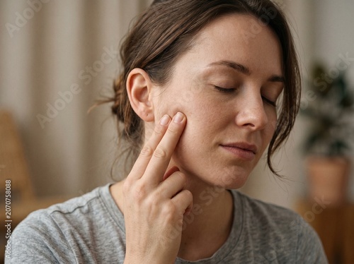 woman jaw massage finger tmj pain facial muscle tension relief

