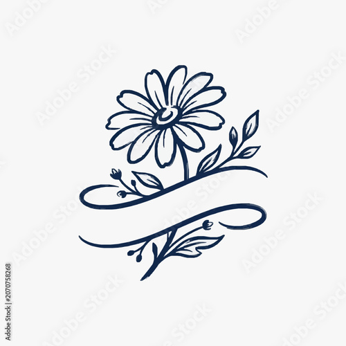 Cuadro en lienzo Black and white line art of a blooming daisy flower.