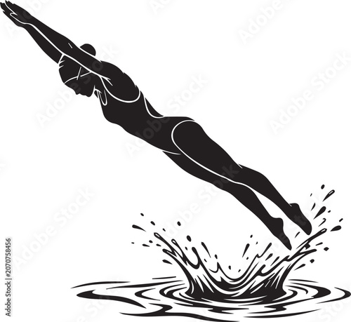 Professional swimmer diving into water making splash silhouette illustration for competition and aquatic sports design elements.