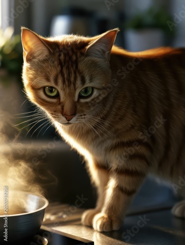 Orange Tabby Cat Cooks Breakfast in Modern Kitchen With Steam Rising