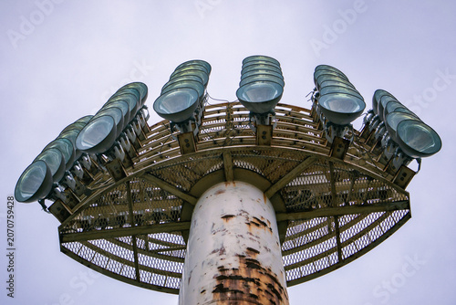Stadium floodlights viewed from below
