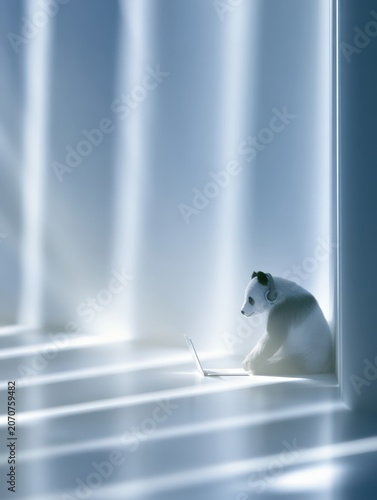 Panda Participates in Online Meeting While Using Laptop in Quiet Room