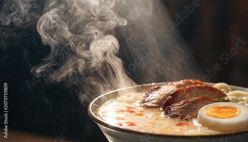 Steaming bowl of tonkotsu ramen, silky broth surface with floating chili oil droplets