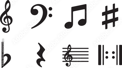Fotografie Black and white music notation symbols: treble clef, bass clef, sharp, flat, nat