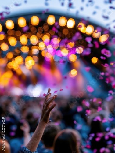 Crowd Dances in Front of Lights at Summer Music Festival