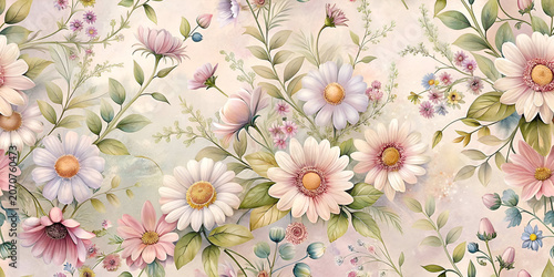 Floral design with pastel hues in a garden setting. A profusion of delicate flowers and leaves with a soft background.