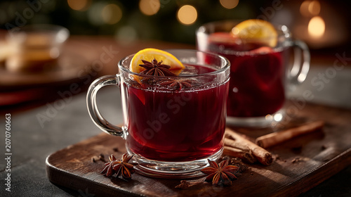 Two glass mugs filled with steaming hot spiced mulled wine garnished with star anise