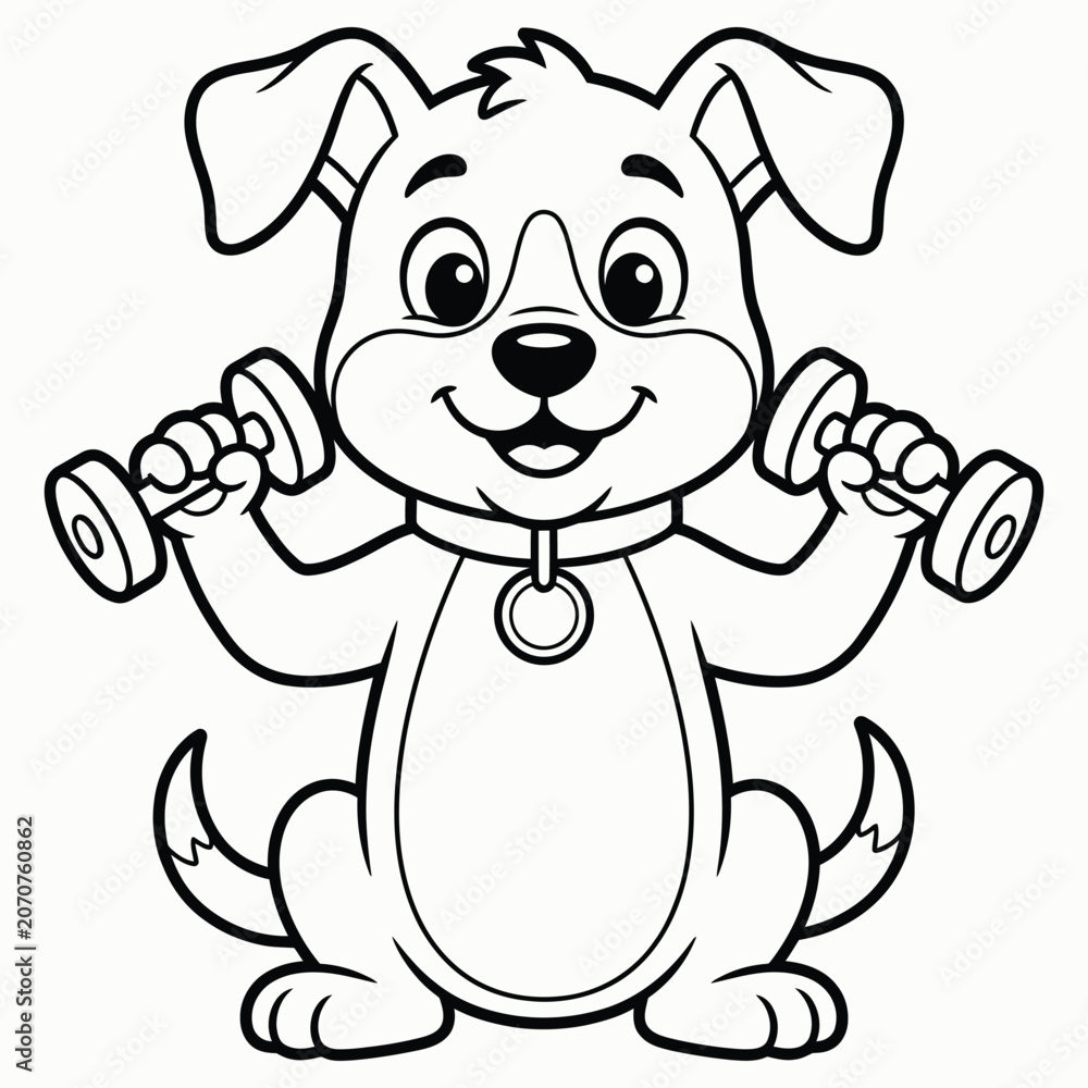 Obraz premium A black and white line art illustration of a happy puppy lifting dumbbells.