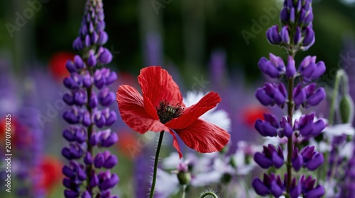 Wild Field With Red Flowers and Purple Blooms in Sunny Daylight