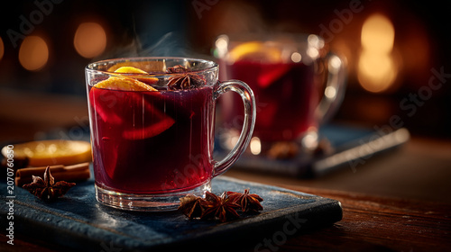Two glasses of steaming hot mulled wine with cinnamon and orange beverage cinnamon