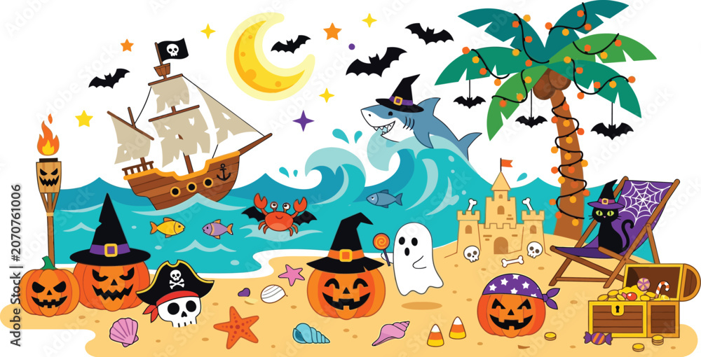 Naklejka premium Halloween beach scene features a pirate ship and carved pumpkins on the shore.