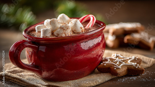 Red ceramic mug filled with rich hot chocolate and fluffy marshmallows served